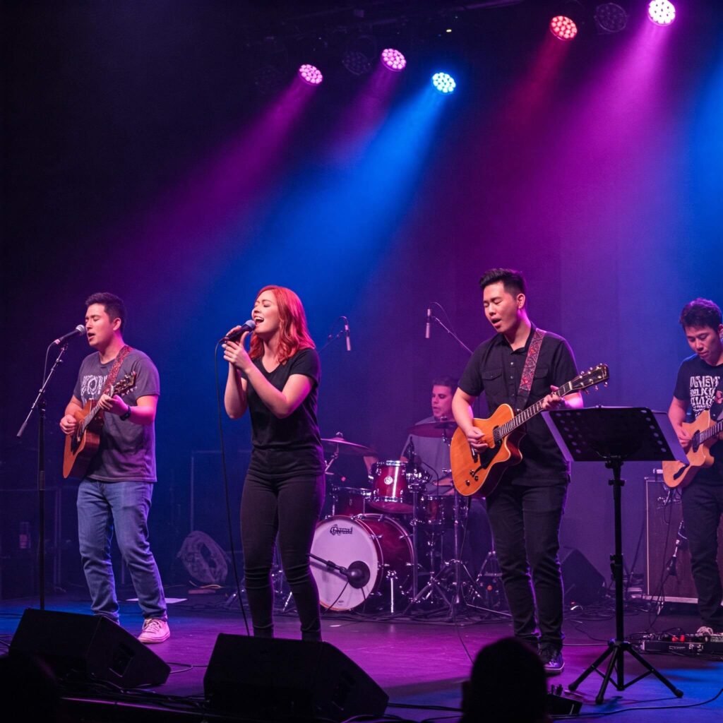 A worship band on stage with dynamic lighting