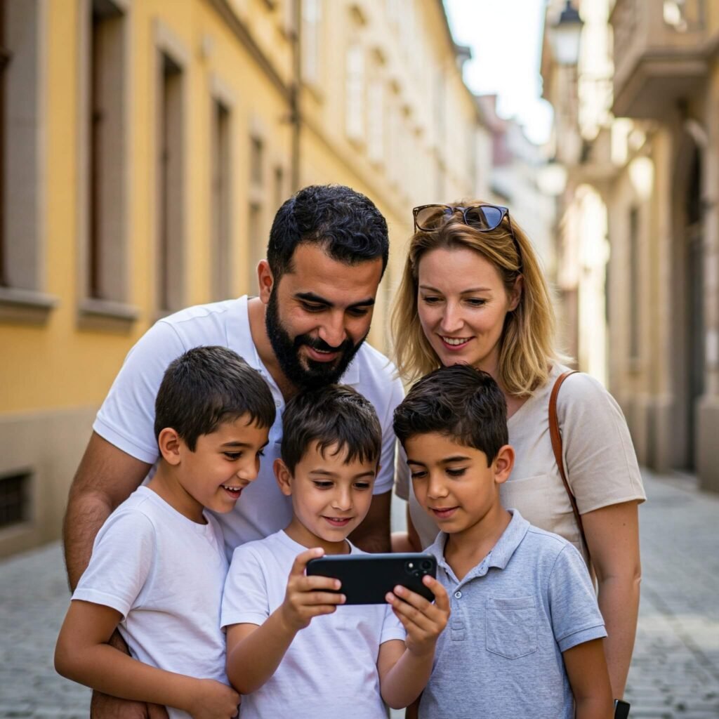 Family searching for churches online
