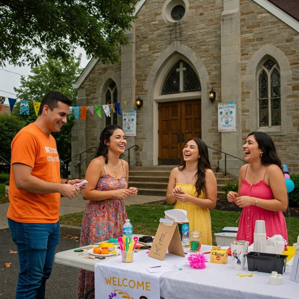 A group of 4 people gathered outside a church