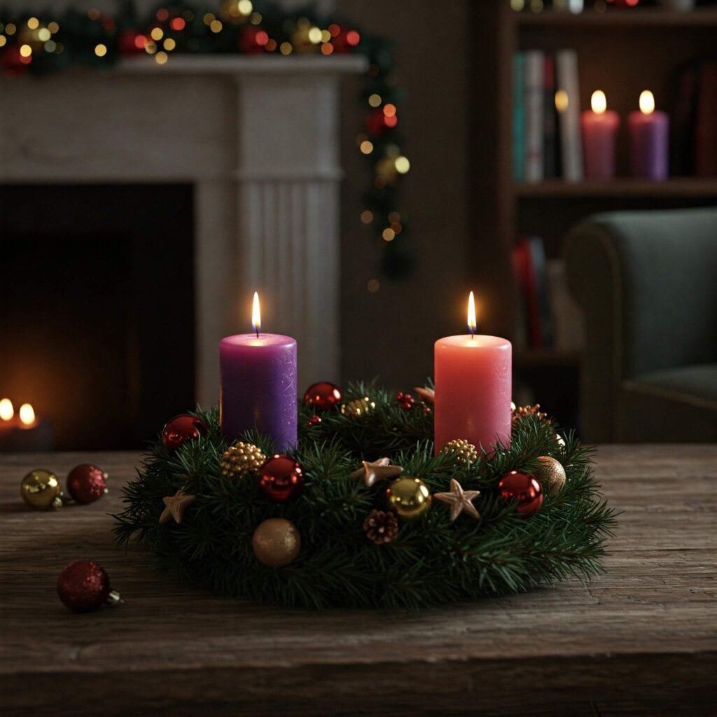 Lit Advent wreath in cozy setting