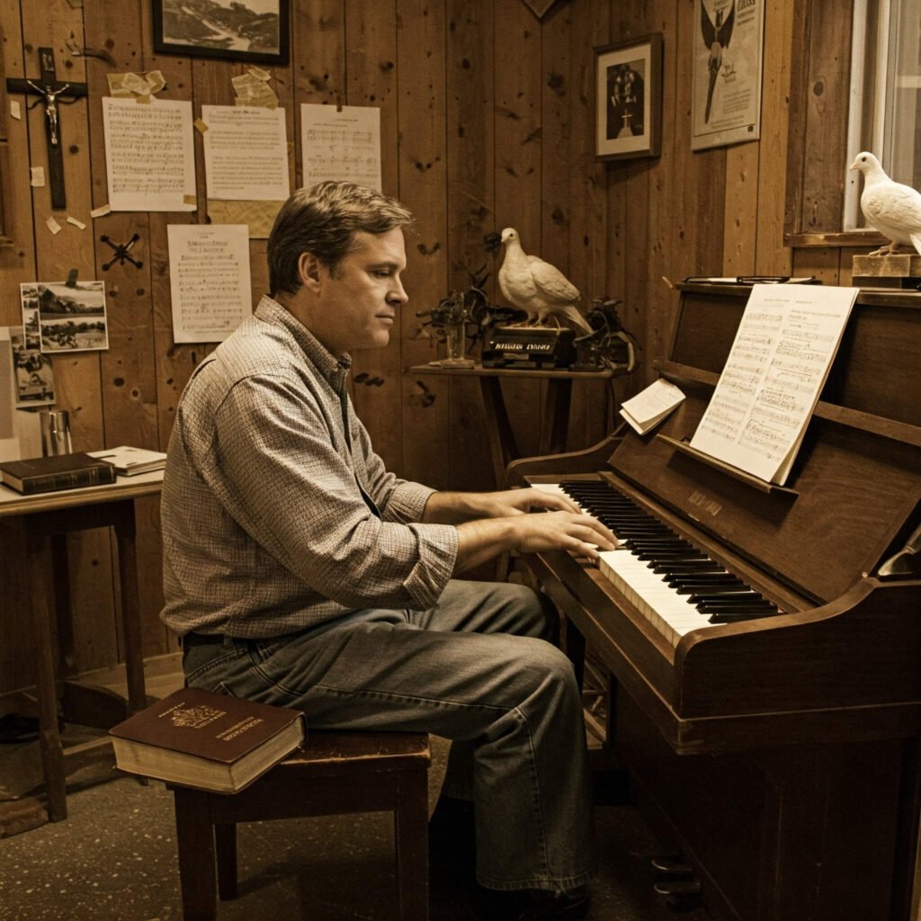 Rich Mullins playing a piano in a cozy studio
