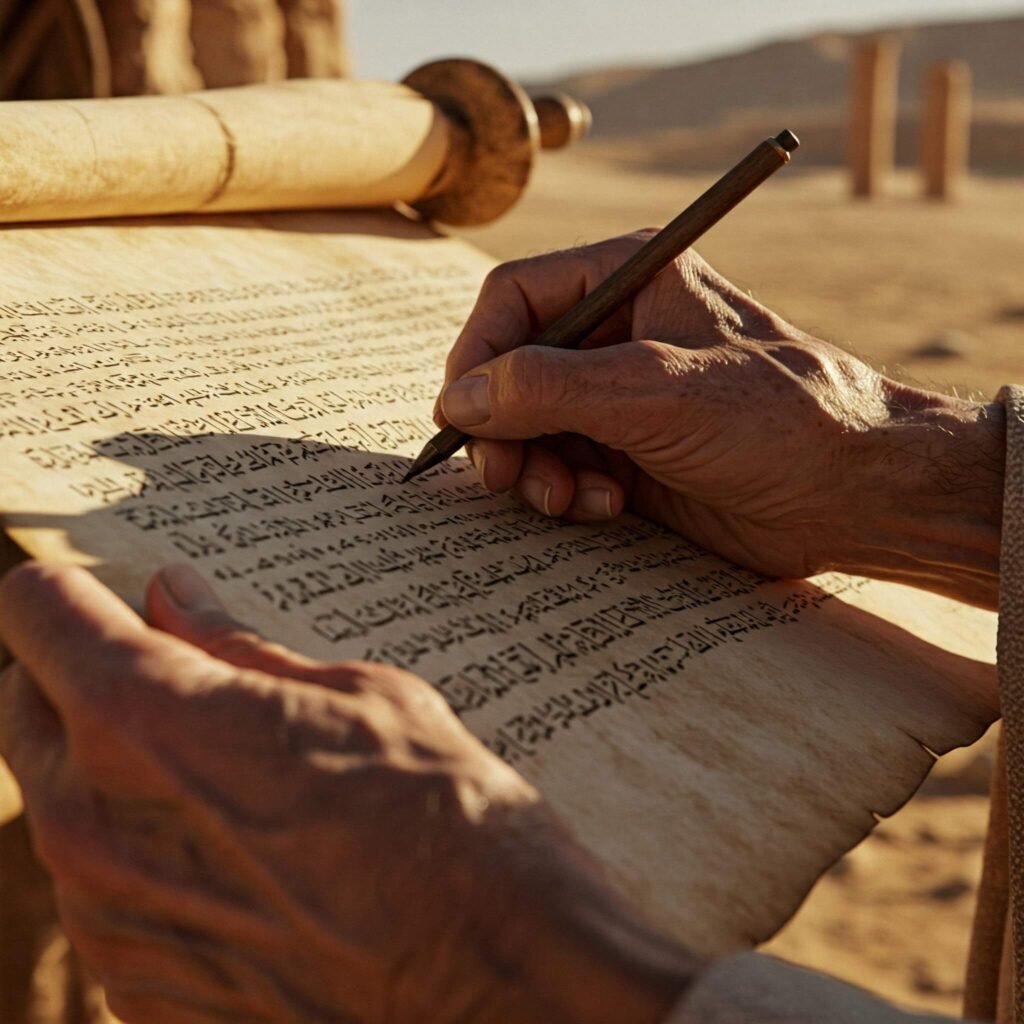 Ancient hand writing on scroll.