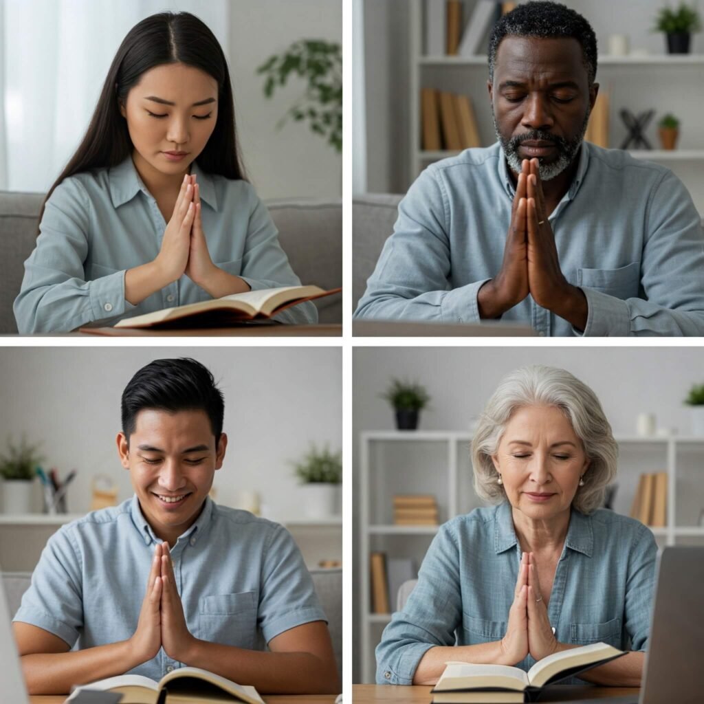 Diverse group in virtual prayer. 