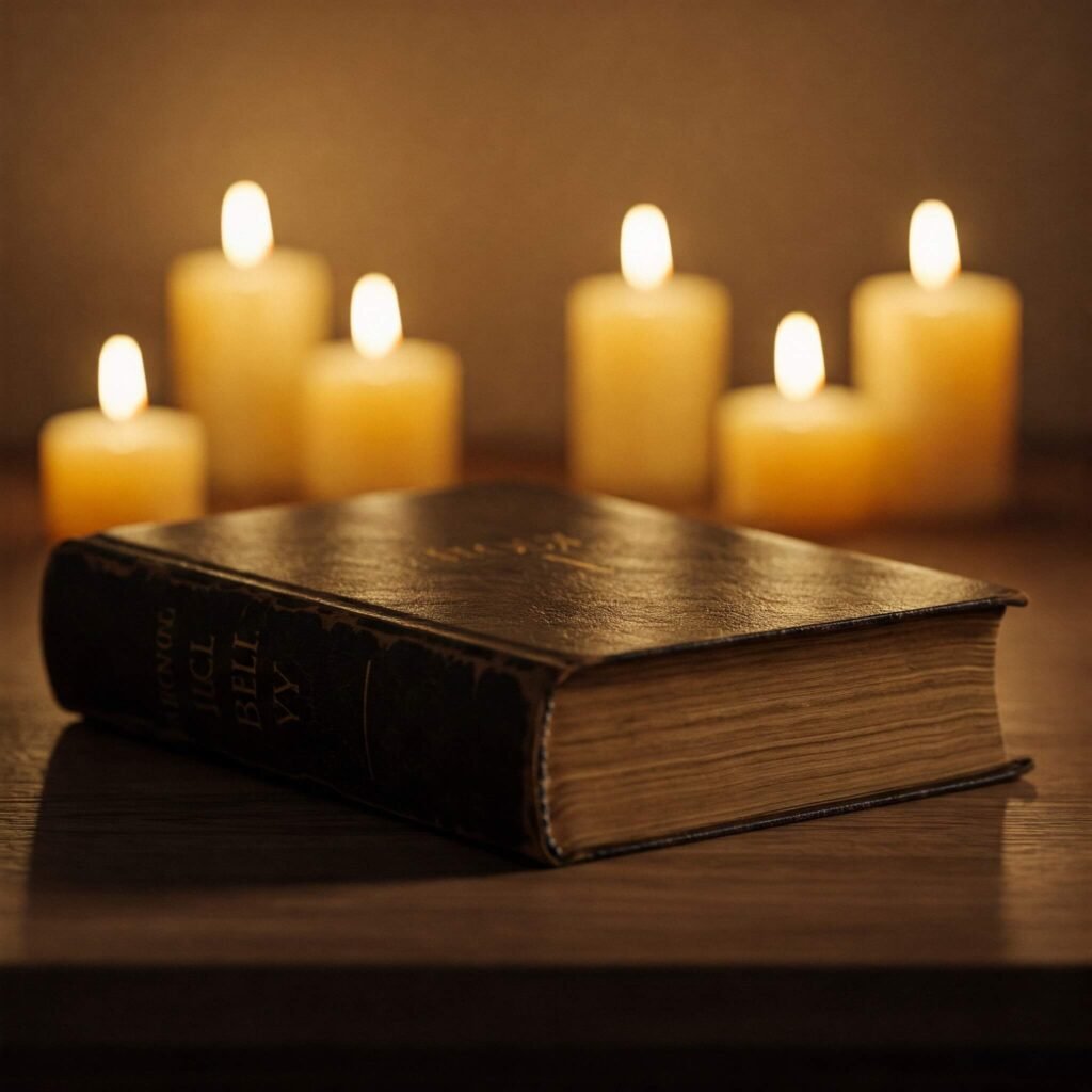 A serene image of a glowing Bible open on a wooden table
