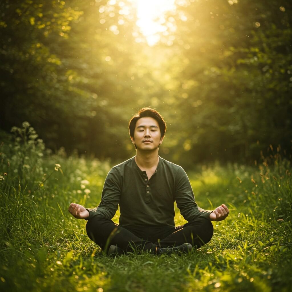 A person meditating in a forest