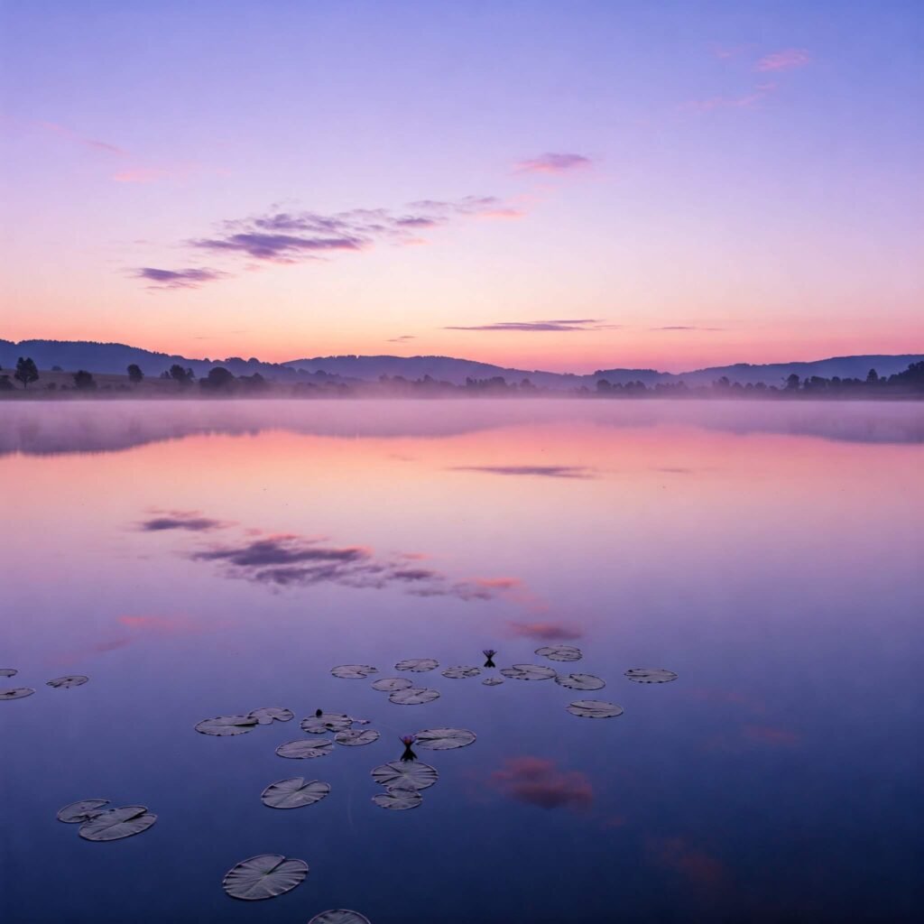 A serene landscape with a sunrise over a calm lake