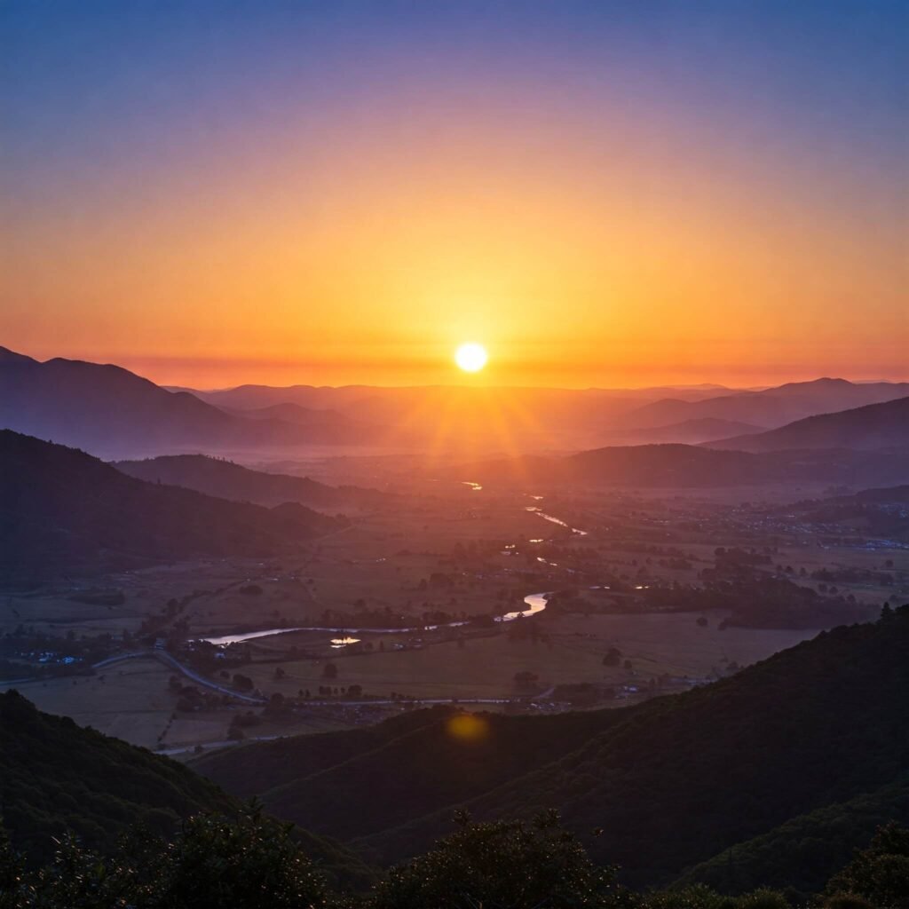 Sunrise over peaceful landscape.