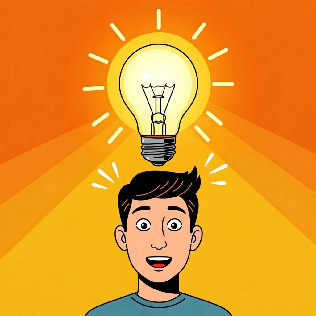 Lightbulb glowing over inspired person.