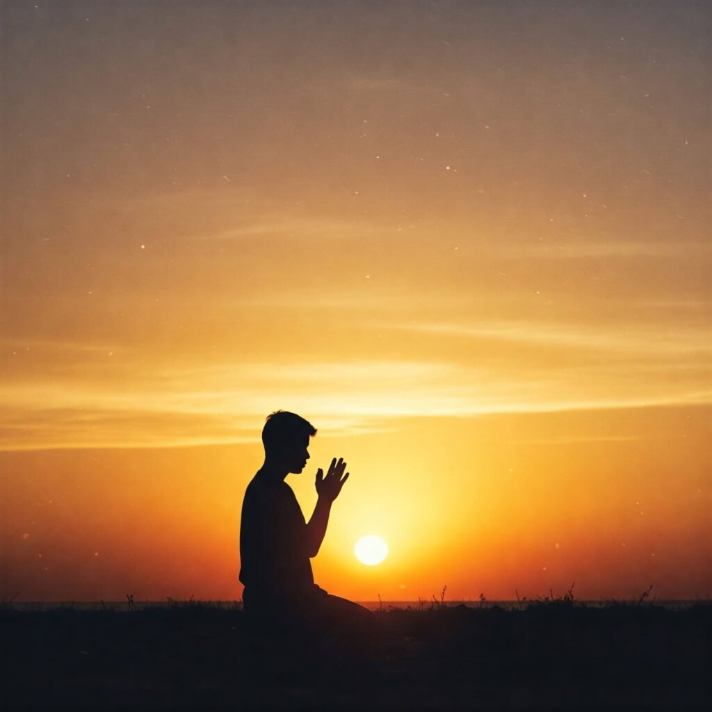 Person praying at serene sunrise