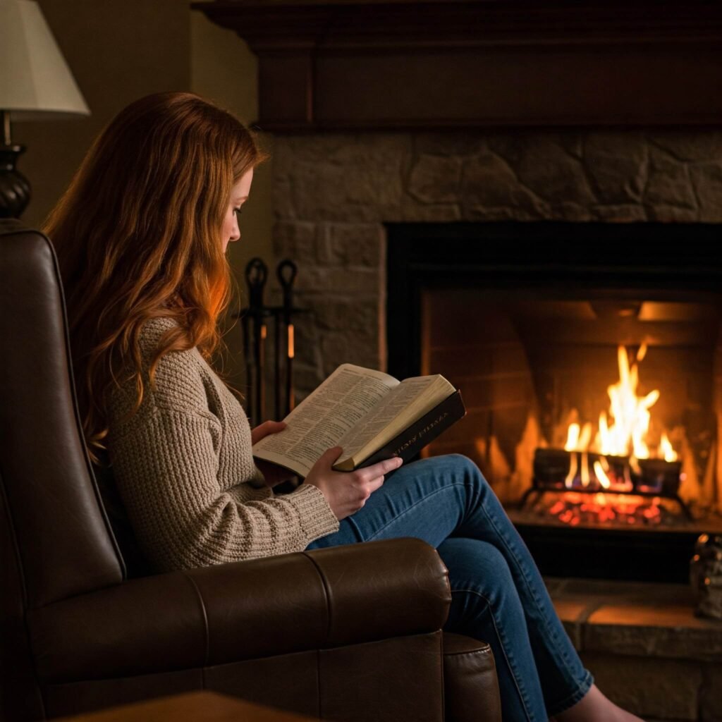 Person reading Bible by fireplace