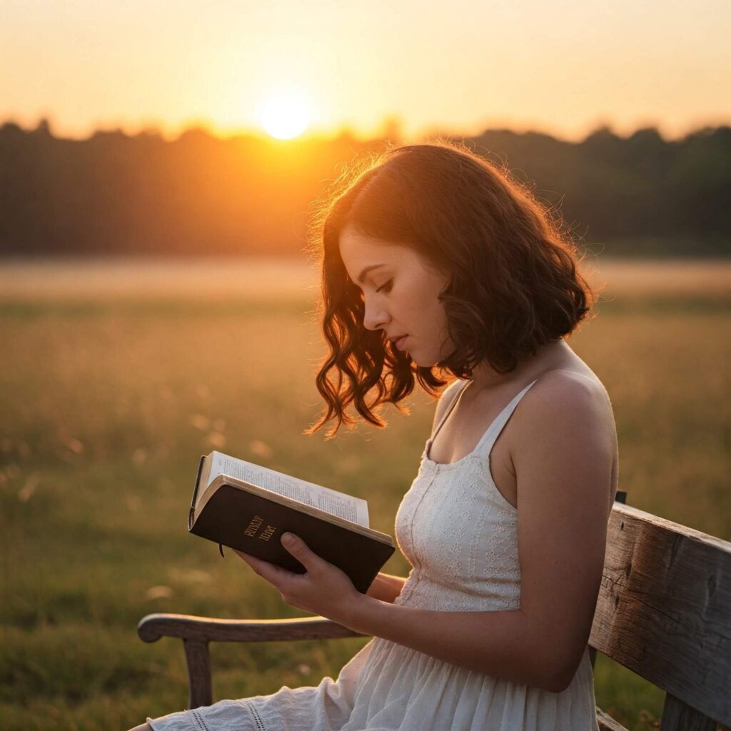 Person reading Bible at sunrise