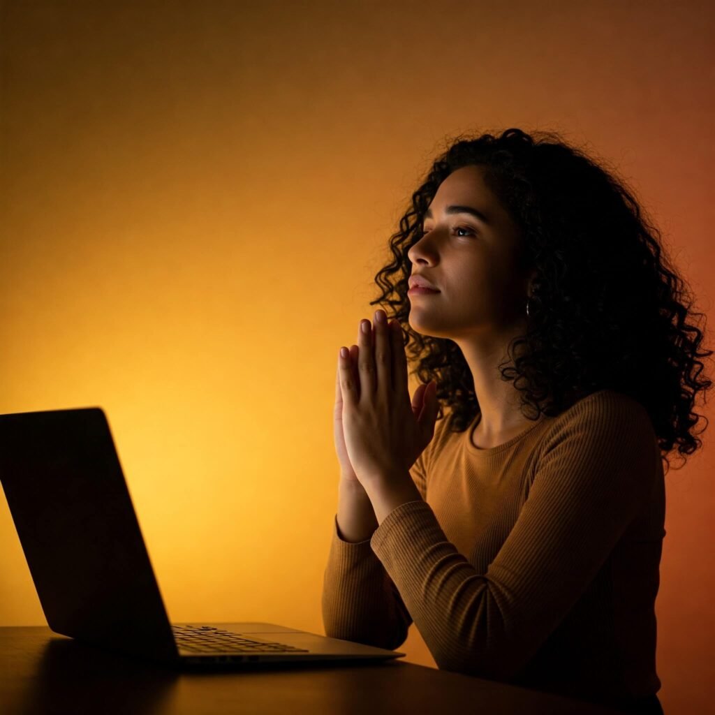 Person praying at glowing laptop. 