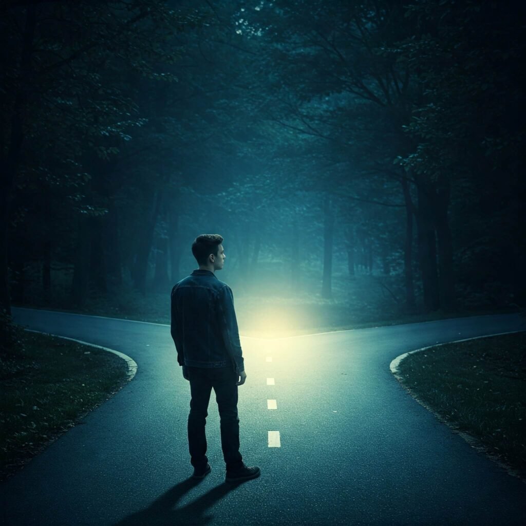 Person at lit crossroads, reflecting.