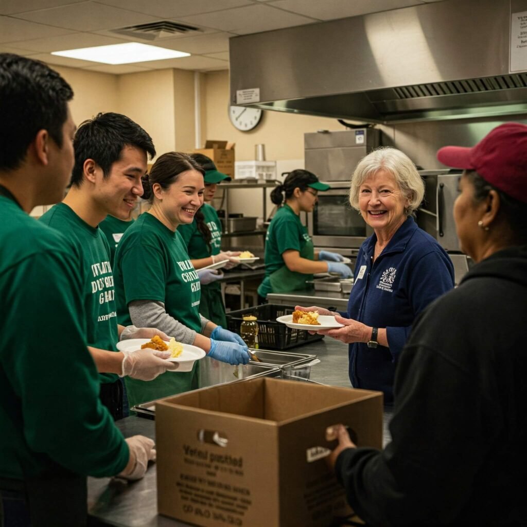 Volunteers serving at soup kitchen.