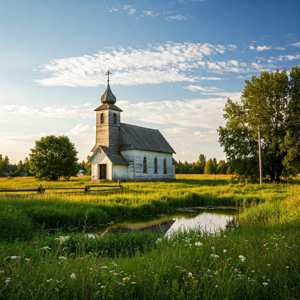 Peaceful countryside church setting