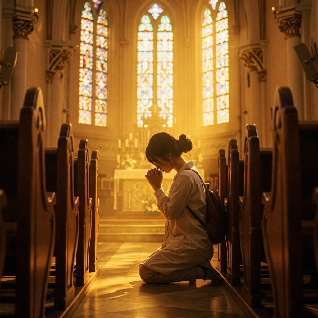 Person praying in stained-glass church.