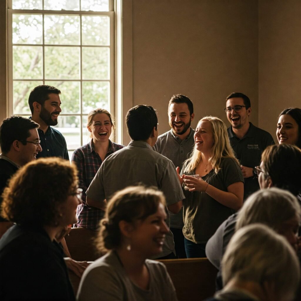 A candid moment of a diverse group chatting post-service