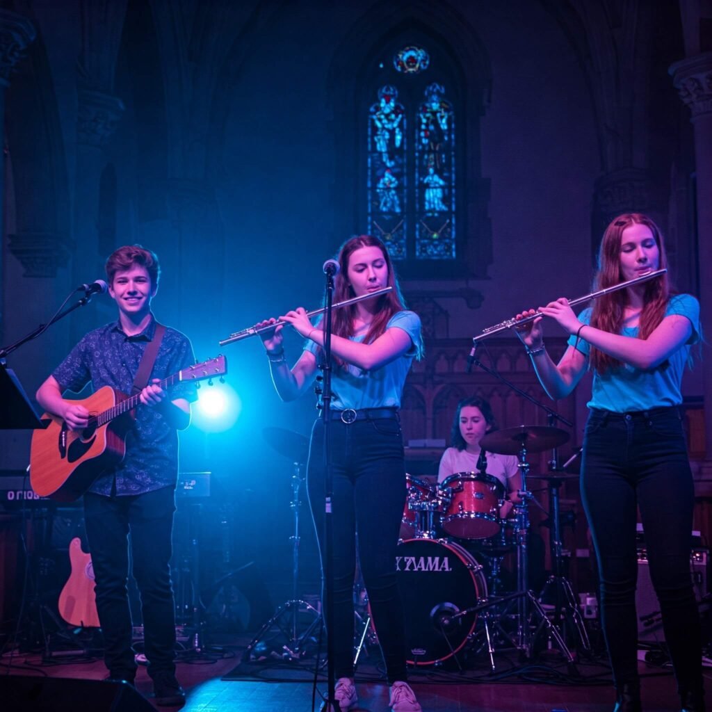 Teenagers performing in a church music program