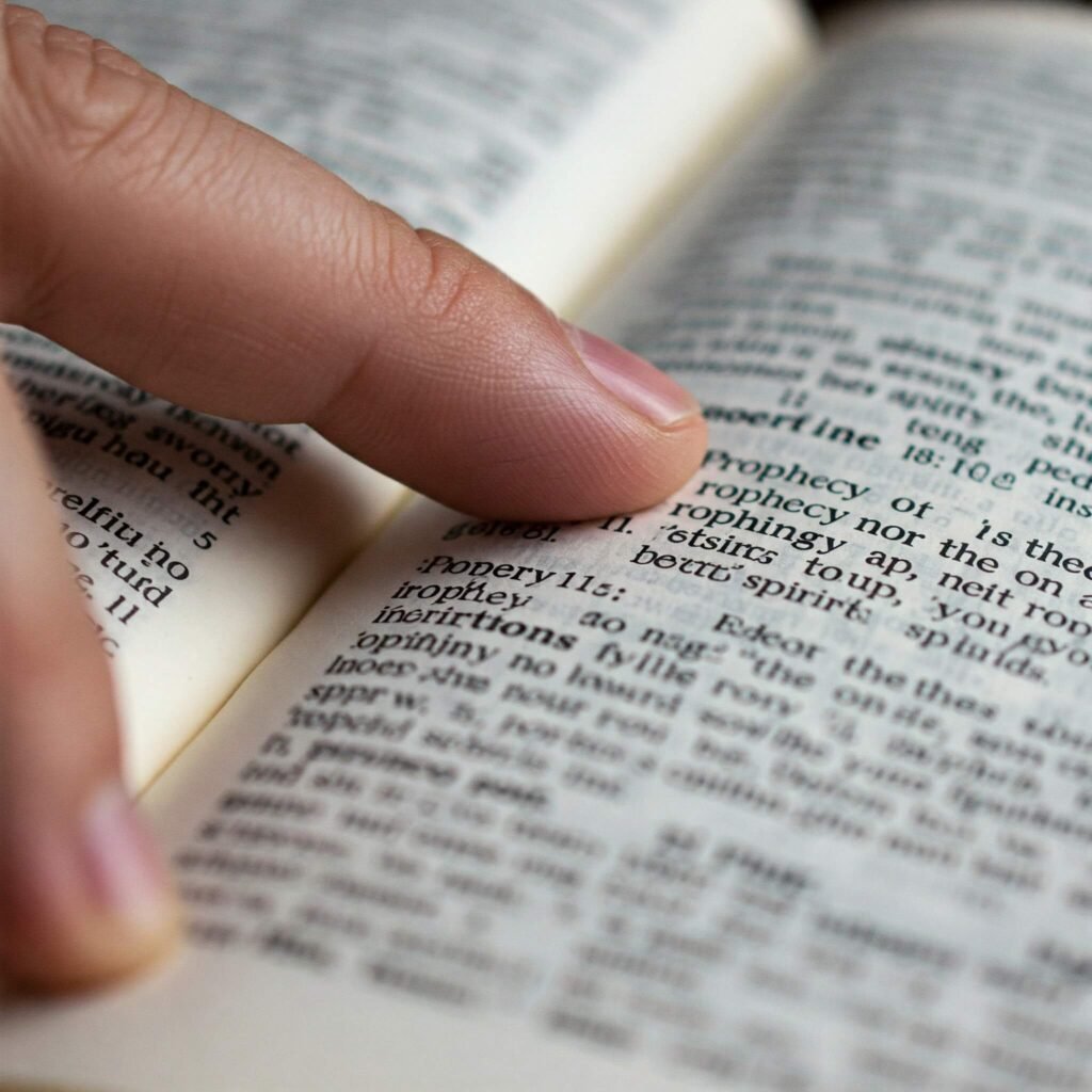 Finger pointing at Bible verse.