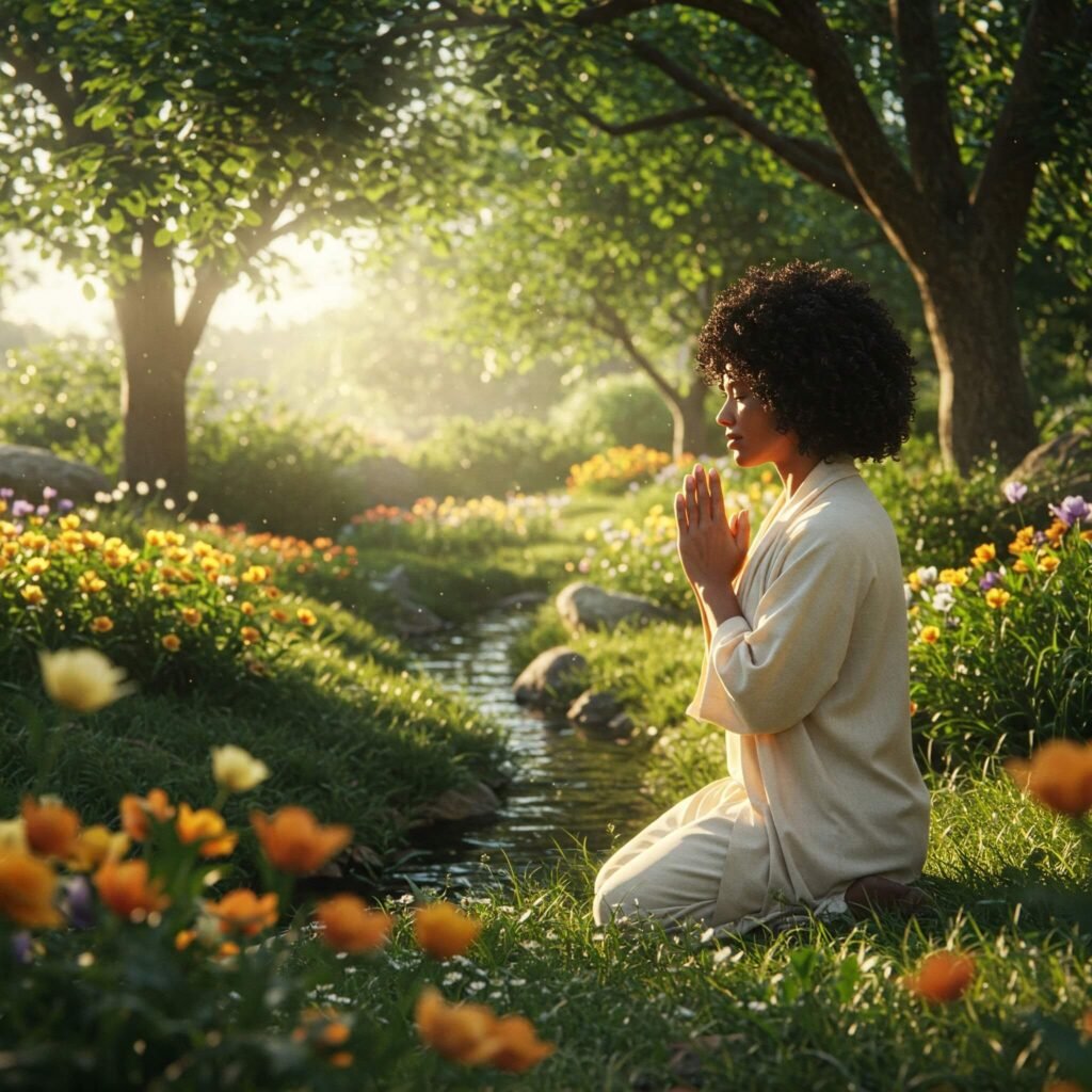 A calming image of a person praying in a peaceful garden