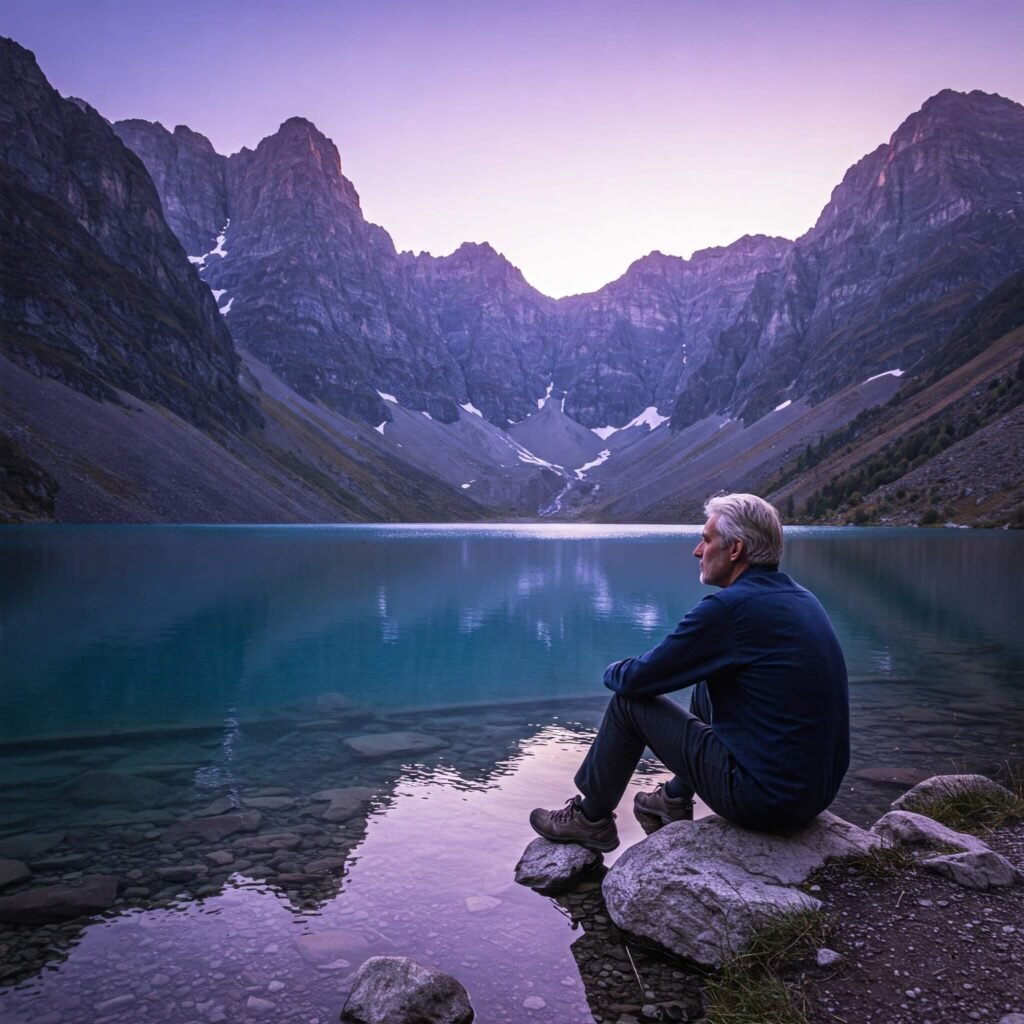 Person resting by tranquil lake