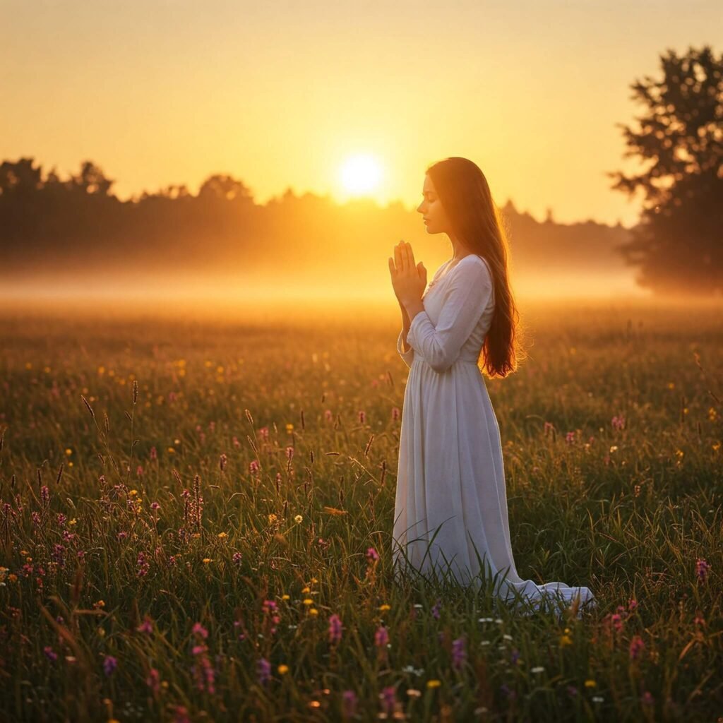 Person praying at sunrise