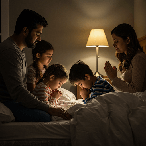 Family praying with angelic glow.