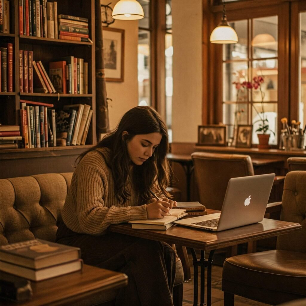 Journaling in cozy café, introspective.