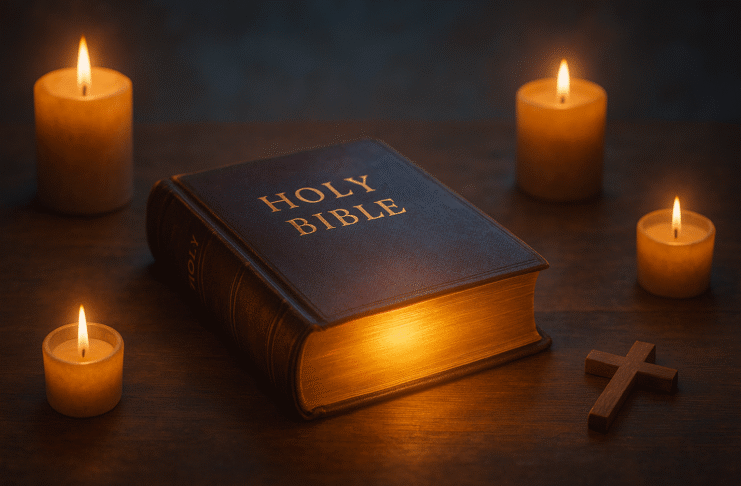 A glowing Bible on a wooden table