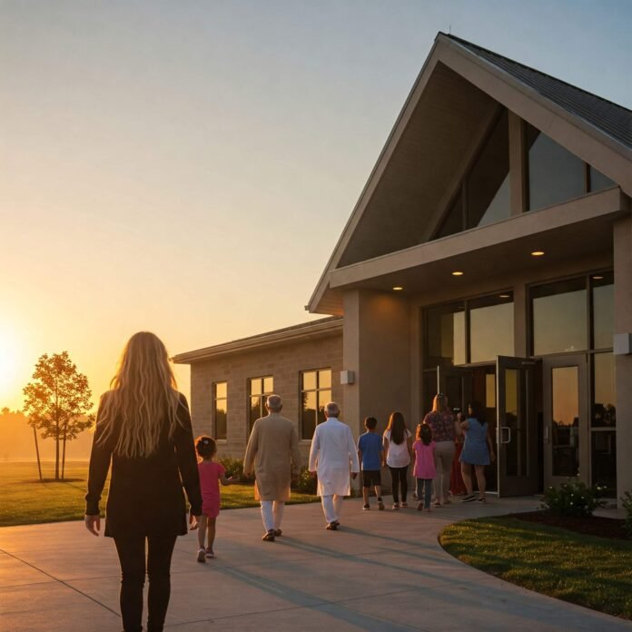 A modern church exterior at sunrise