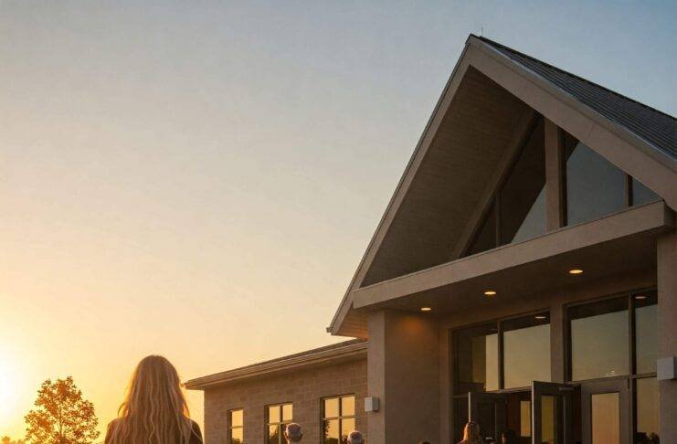 A modern church exterior at sunrise