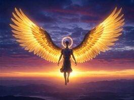 Majestic angel at sunrise.