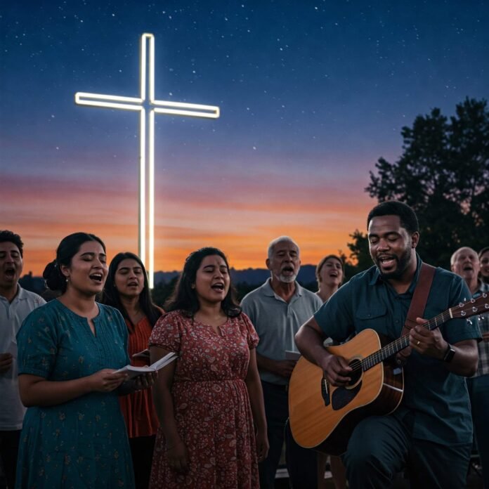 a diverse group of people singing Our God Is an Awesome God