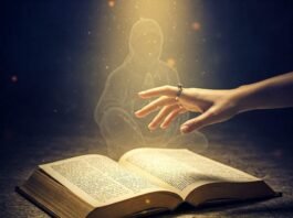 Hand reaching towards Bible light.