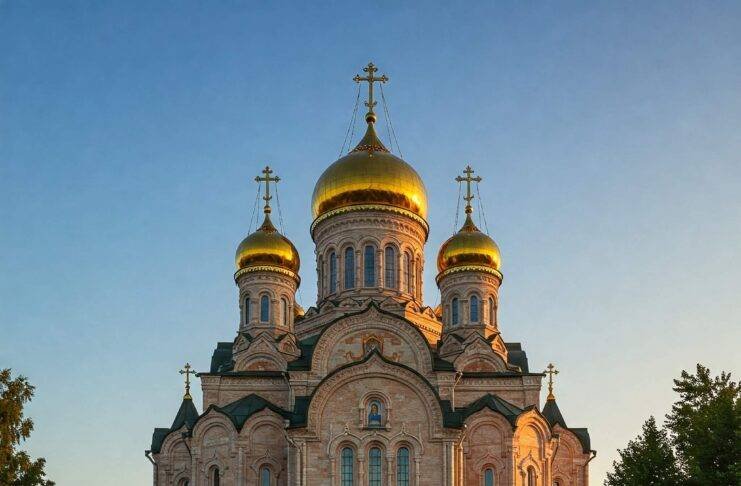 Orthodox church exterior in sunlight.