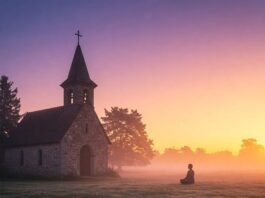 a serene landscape with a glowing sunrise