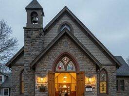 Welcoming church entrance with happy people