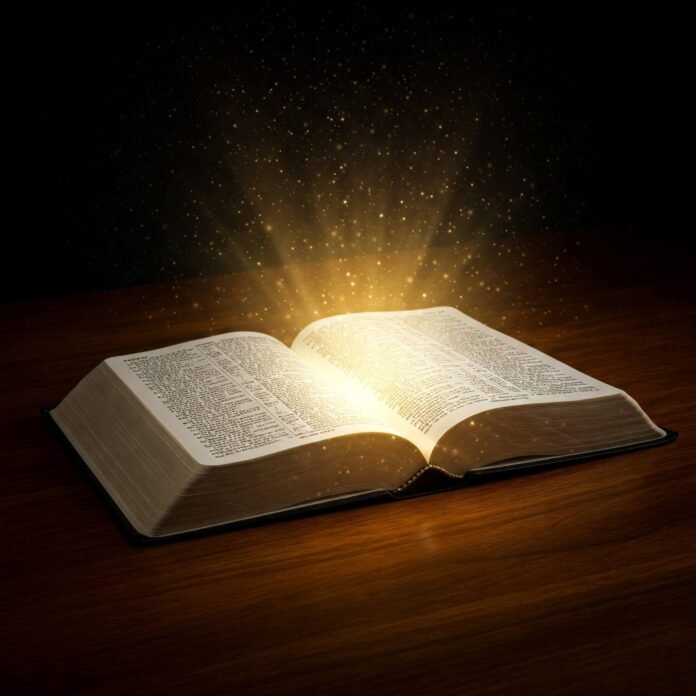Open Bible glowing on table