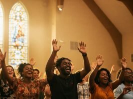Diverse congregation worshipping joyfully