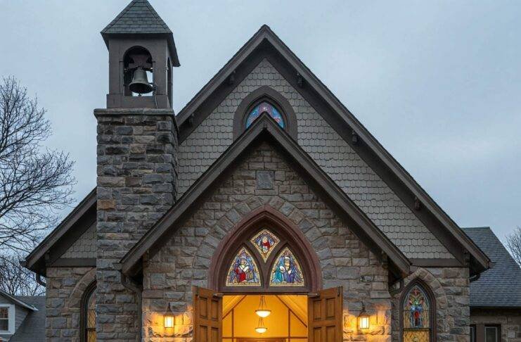 Welcoming church entrance with happy people