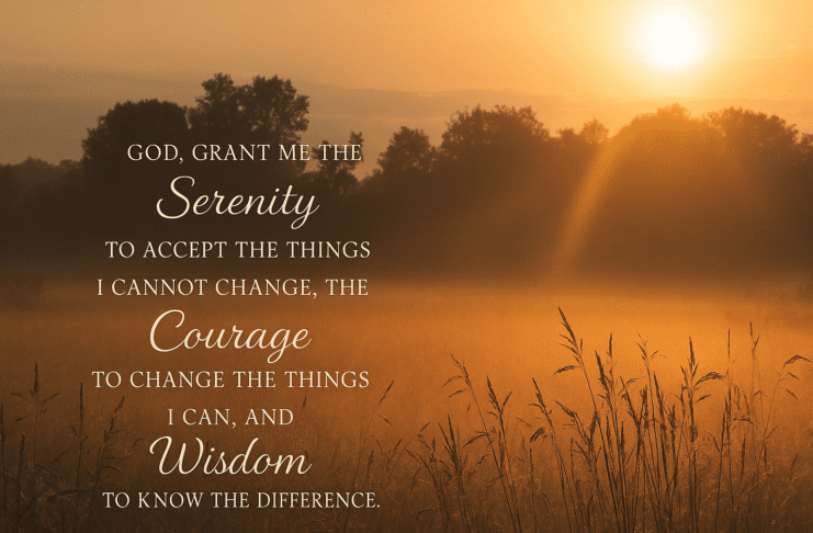 Serenity Prayer text overlaid on a tranquil background