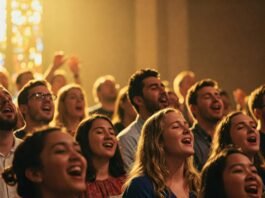 Congregation singing in worship.