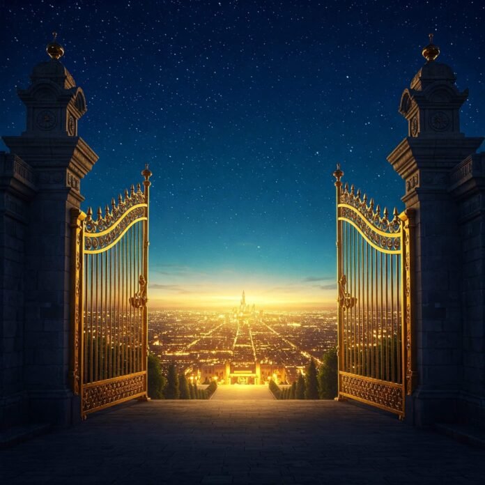 Golden gates, starry divine city.