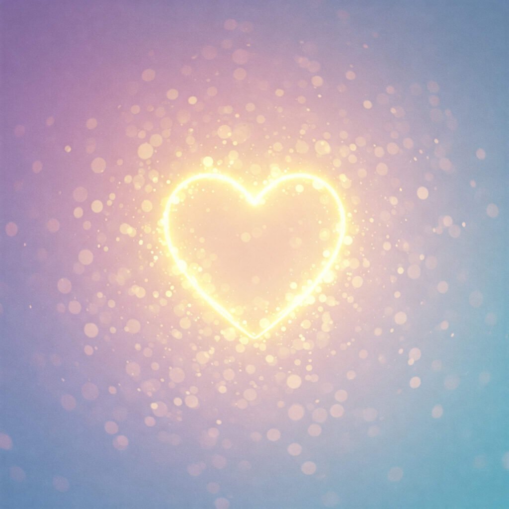 A glowing heart surrounded by soft, golden light against a pastel background