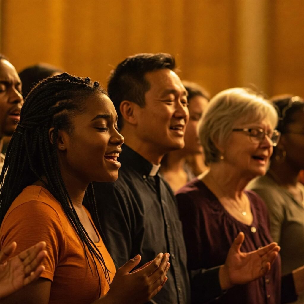 Diverse group of people singing or praying