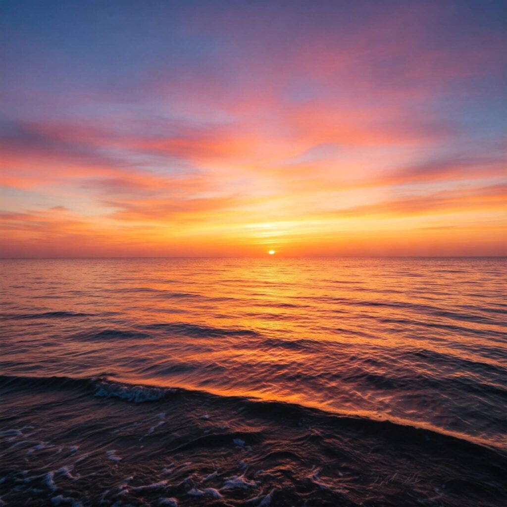 Sunrise over serene ocean.