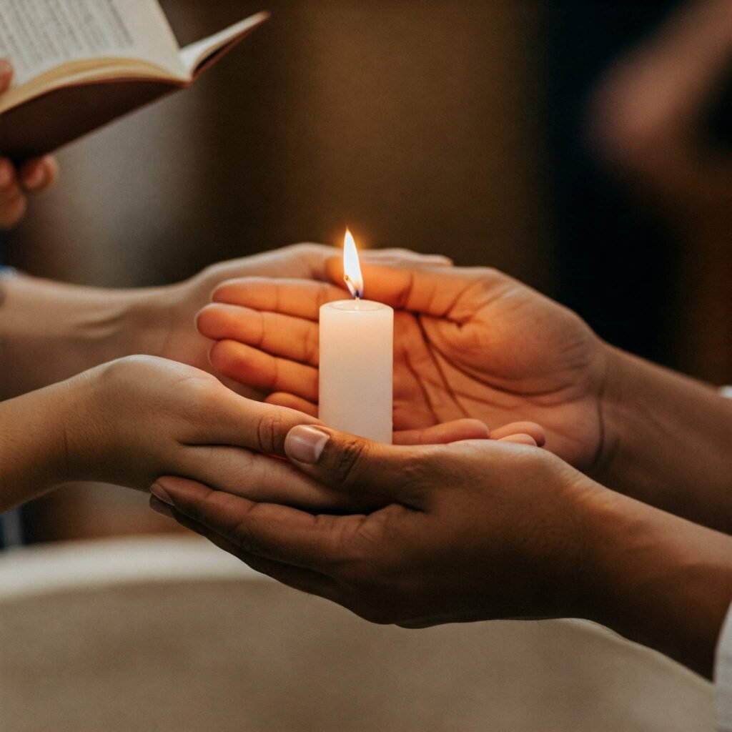 Hands holding baptismal candle