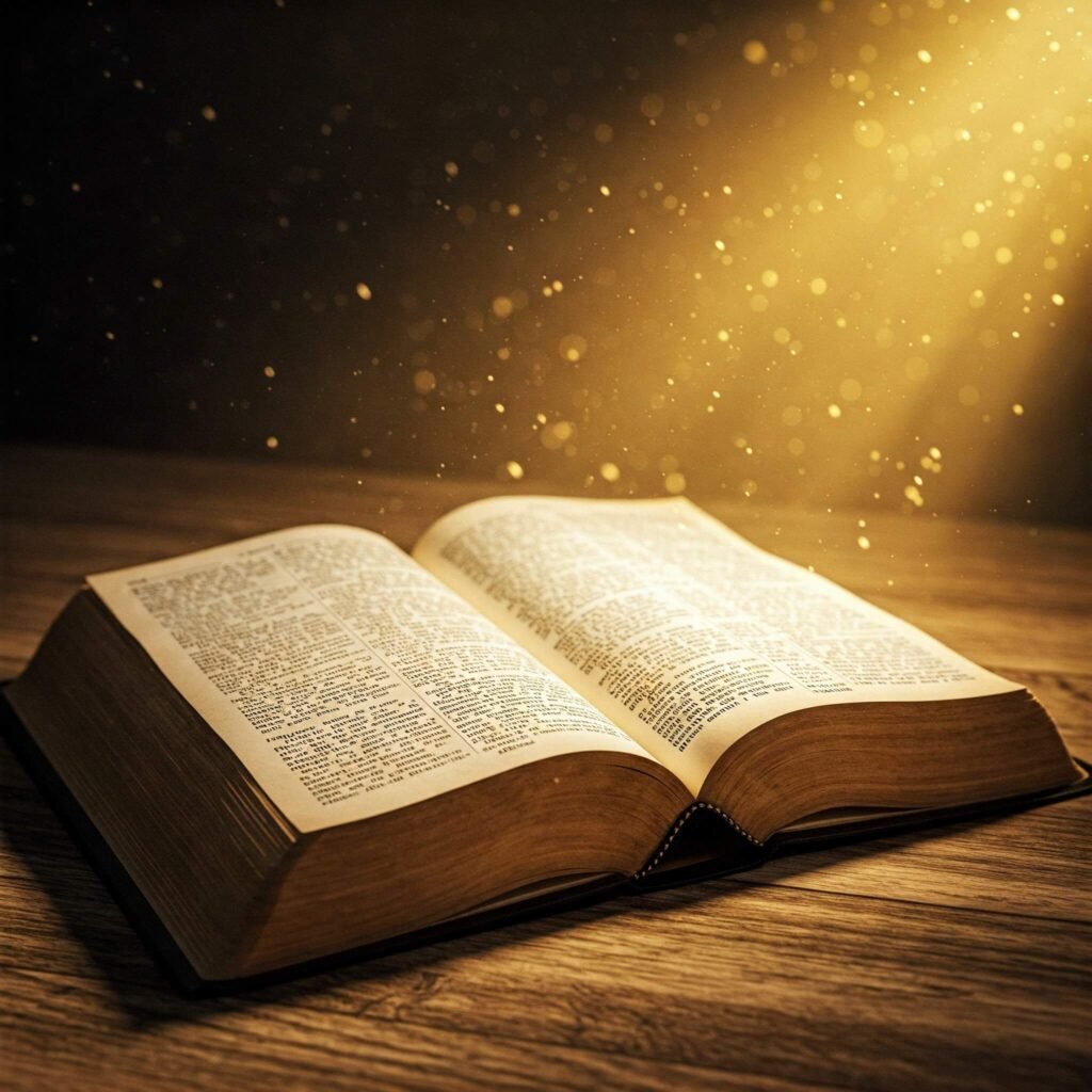 An open Bible on a wooden table
