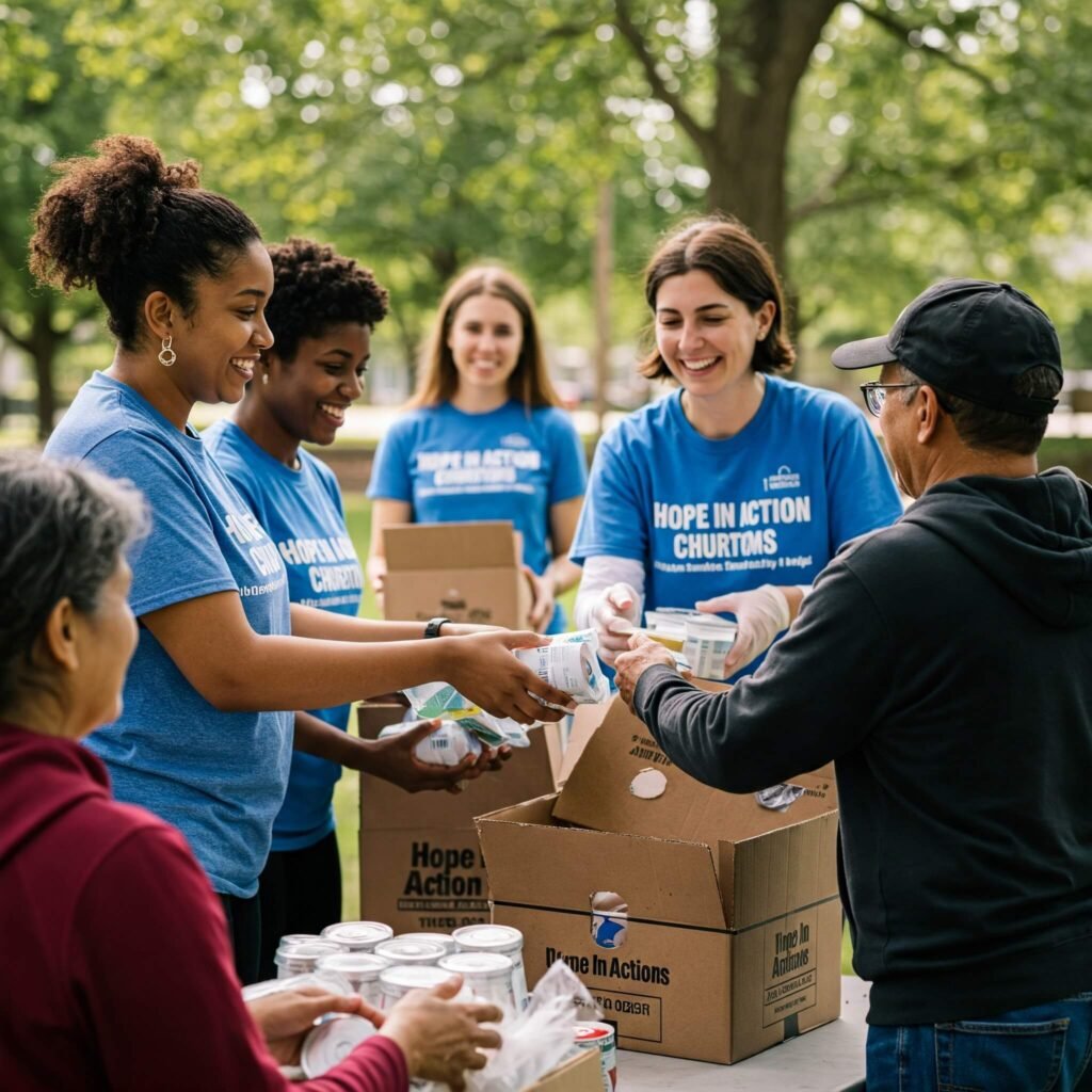 Volunteers handing out supplies or engaging with community members.