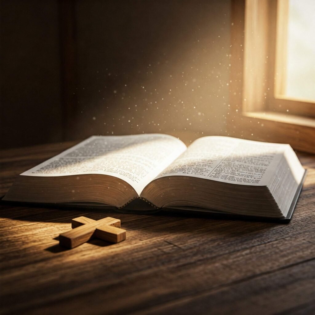 Open Bible with glowing cross